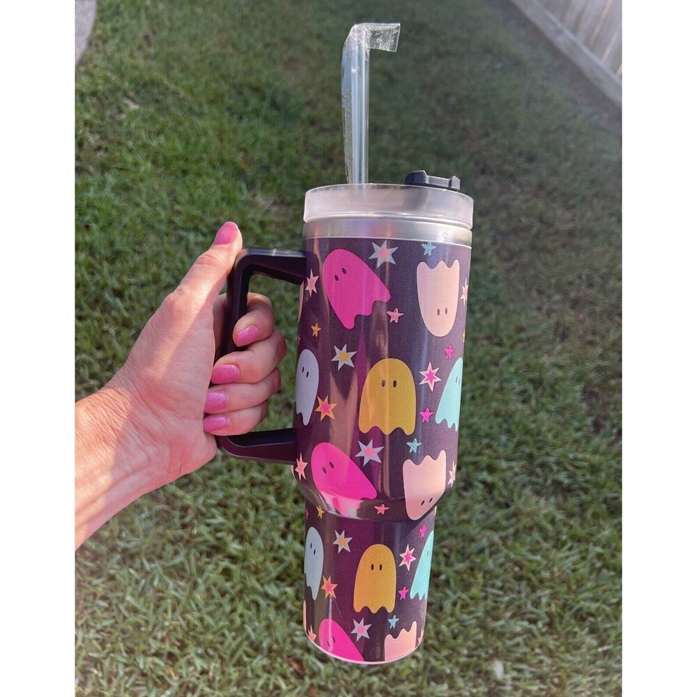 Halloween Pastel Ghost Stainless Insulated 40oz Tumbler‎ Handle Lid Straw